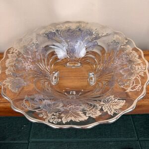 Cambridge Caprice Glass Bowl Silver Overlay Grape Vine Scalloped Footed 13 Inch